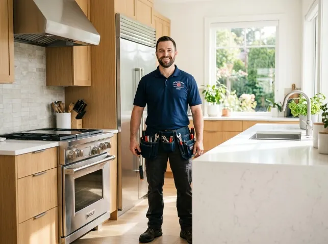 Appliance Repair Hero technician in a Bridgehampton, NY kitchen after an appliance repair